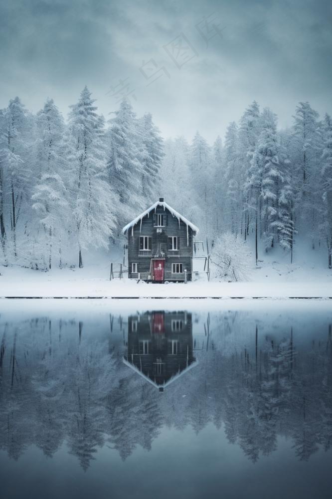 雪景小屋树林背景(896x1344)