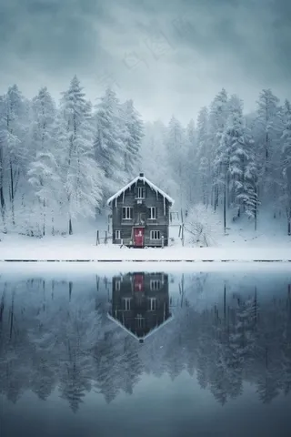 雪景小屋树林背景