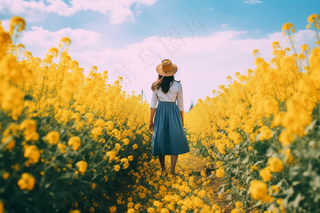 春天油菜花田女孩背景摄影图
