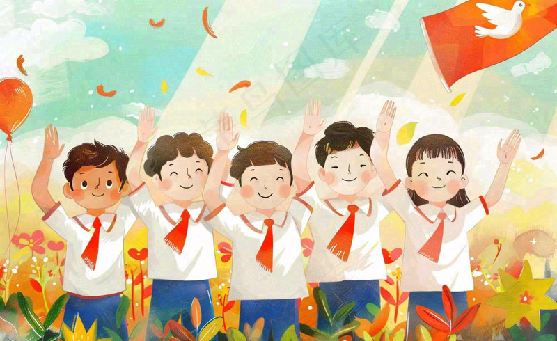 卡通红领巾学生举手旗帜和平鸽班长竞选祖国花朵国庆卡通插画背景(1408x864)