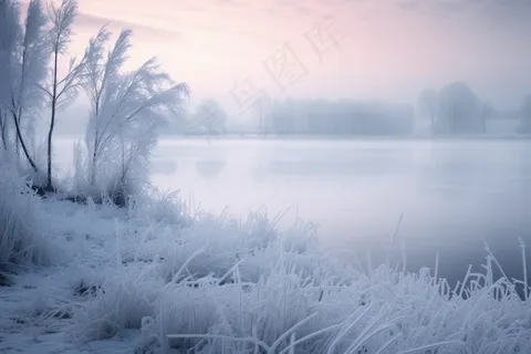 冬天清晨湖边的草地树木被白雪覆盖雾凇摄影图
