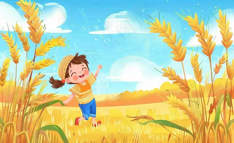 秋天丰收季麦田农田麦穗儿童嬉戏游玩芒种立秋处暑秋分卡通插画背景(1408x864)