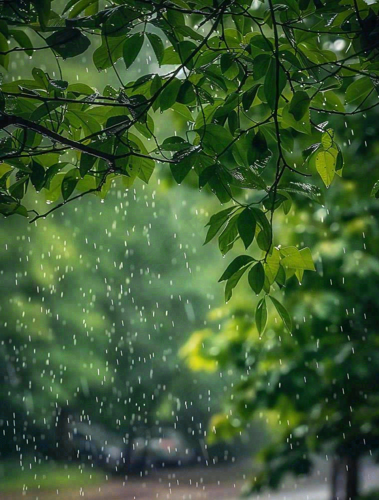 下雨天的公园大树下雨滴雨水谷雨梅雨季摄影图(960x1264)