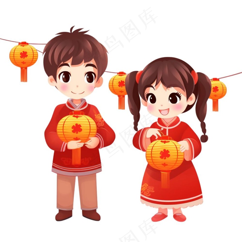 新年儿童拜年张灯结彩国潮春节红色手绘卡通插画免抠(1024x1024)