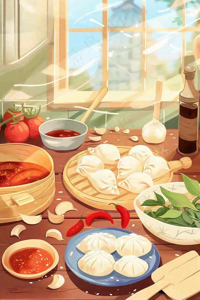 中国传统美食饺子蘸料冬天节日冬至插画背景(896x1344)