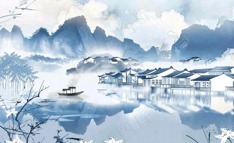 水墨山水江南水乡屋檐白露寒露冷清插画背景(1408x864)