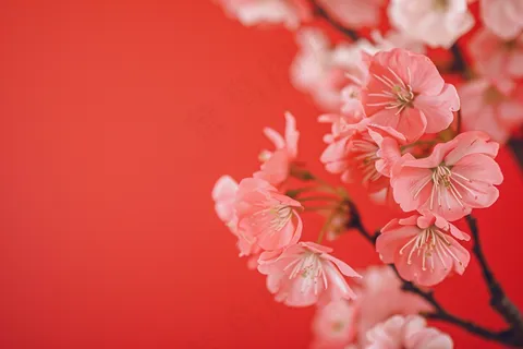 桃花梅花红色背景摄影图