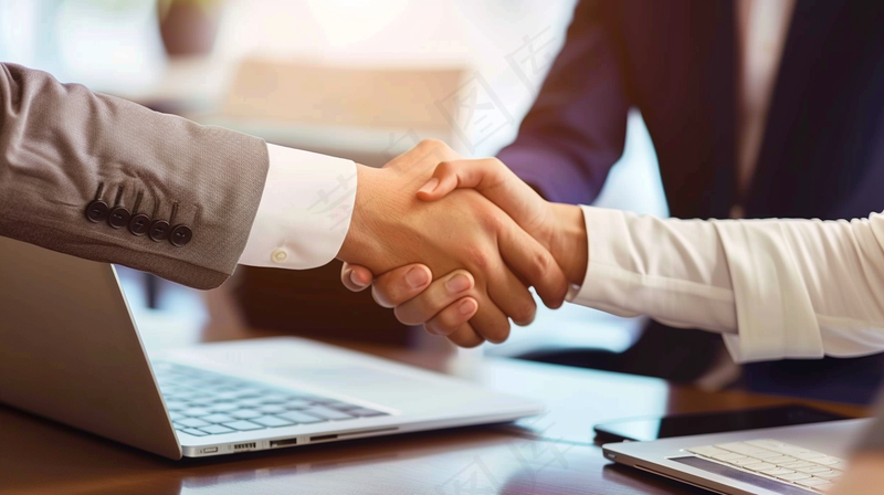 a close up of two people shaking hands in front of a laptop, a cartoon by Daniel Lieske, pexels, renaissance, detailed professional photo, stock image, shaking hands 