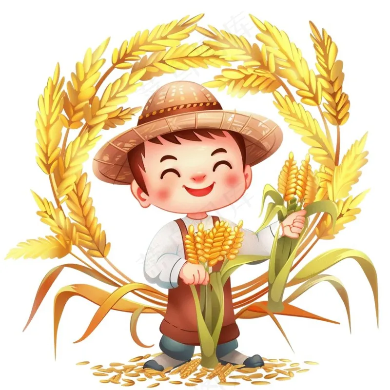 农民抱着稻穗麦穗粮食劳动卡通插画免抠(1024x1024)