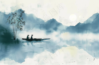 水墨山水画小船河面山川连绵国画插画背景