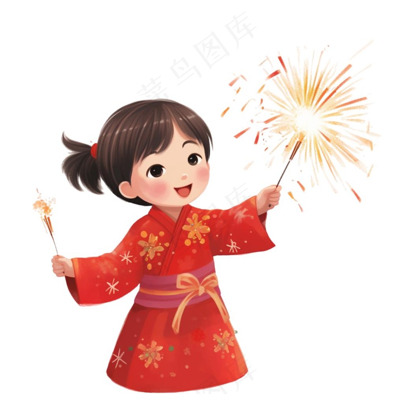 新年放烟花庆祝春节儿童开心过大年卡通插画免抠