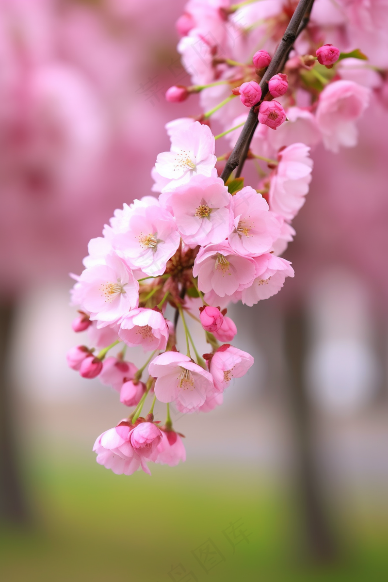粉梅花春天桃花樱花树枝抽新芽摄影图
