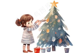 女孩装饰圣诞树可爱卡通插画免抠