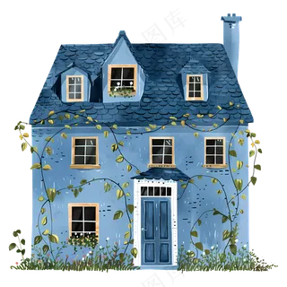 免扣梦幻的蓝色绿植房子