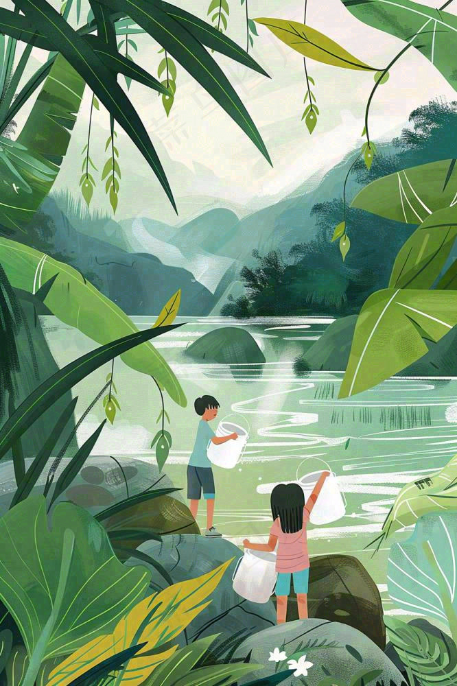 夏天孩子们在森林丛林小溪玩水嬉水处暑夏至卡通插画背景(896x1344)