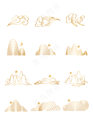 山水波浪祥云中式国风线条110免扣素材