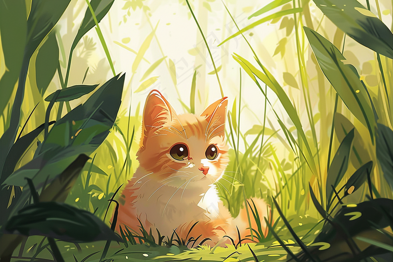 春日草丛里的猫橘猫可爱卡通插画背景