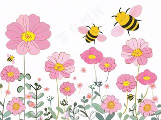 粉色花朵花丛采蜜的蜜蜂昆虫卡通插画免抠
