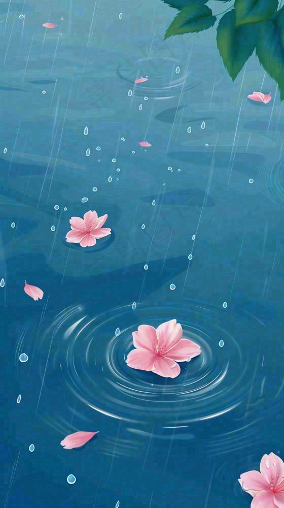 雨天雨滴低落水面泛起涟漪粉色花朵雨水谷雨寒露背景(816x1456)