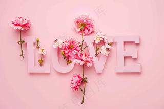 花卉贺卡妇女节花平铺着带有LOVE字母粉色背景摄影图
