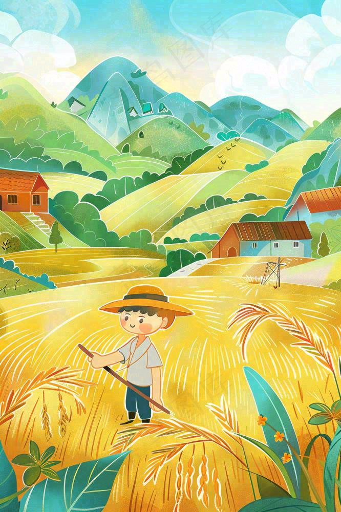 秋天农田丰收山村村庄稻草人水稻小麦立秋秋分芒种卡通插画背景(896x1344)