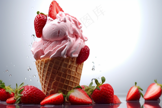 草莓冰淇淋蛋筒夏天清凉摄影图