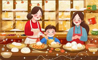 全家*色卡通手绘春节除夕初一全家人包饺子包子年夜饭冬至温馨插画背景