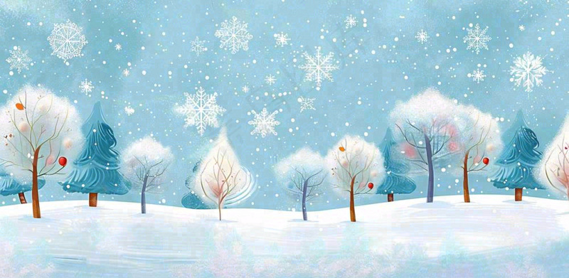 冬天大雪纷飞山上树上白雪覆盖小雪冬至大寒卡通插画背景(1568x768)