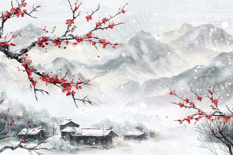 冬天山林里的小村庄红梅花白雪覆盖国风水墨画立冬冬至小雪大雪插画(1344x896)