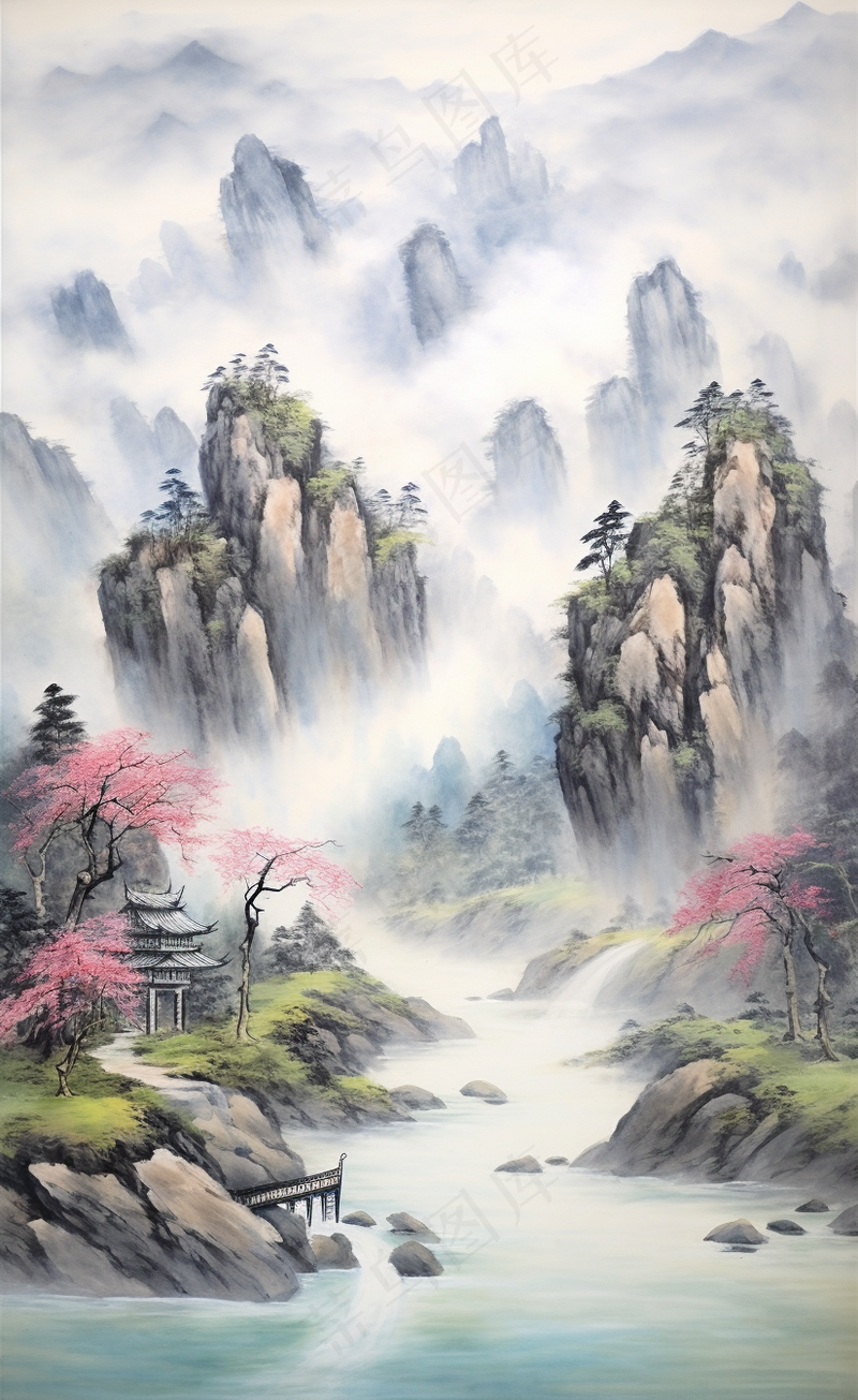 国风山水画河流花草国画水墨画素材背景(2472x4032)
