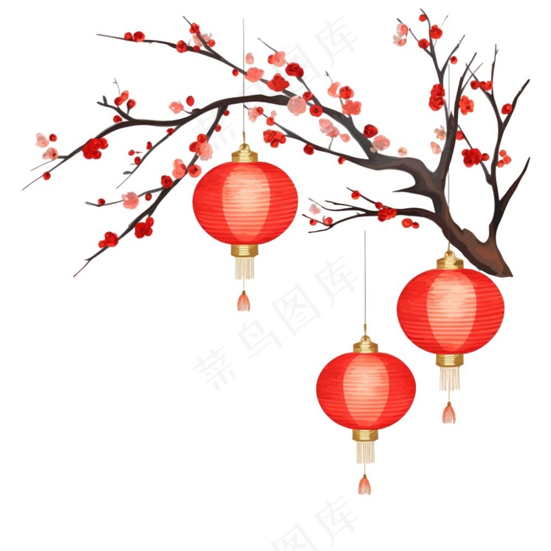 新年梅花枝条挂红灯笼喜庆红色卡通插画免抠(1024x1024)
