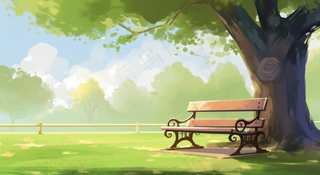 春天草坪大树下的椅子春季生长绿色卡通插画背景