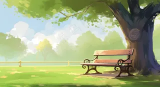 春天草坪大树下的椅子春季生长绿色卡通插画背景