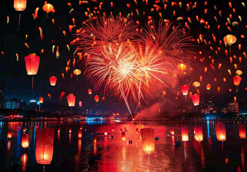节日庆祝江上烟花活动灯笼背景