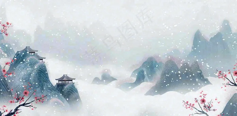 大寒冬天中国风水墨插画小寒冬季唯美雪景梅花插画背景(1568x768)