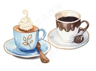 咖啡拿铁甜点下午茶水彩画手绘插画免抠
