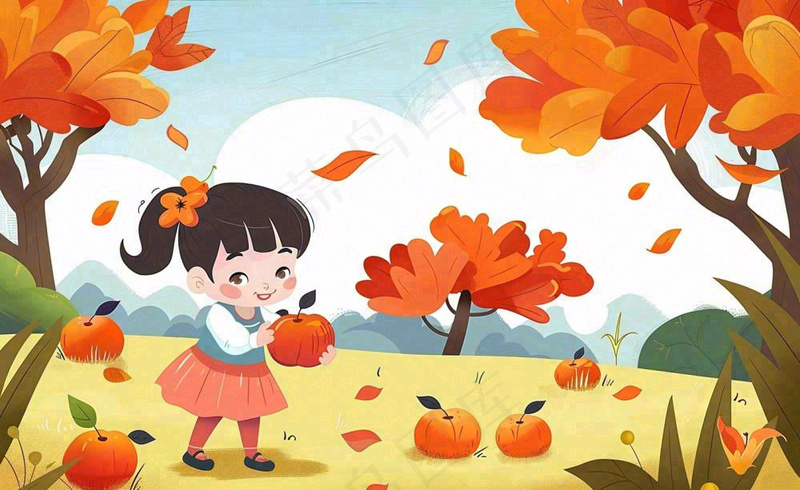 秋天摘水果的女孩果树落叶秋分立秋卡通插画背景(1408x864)