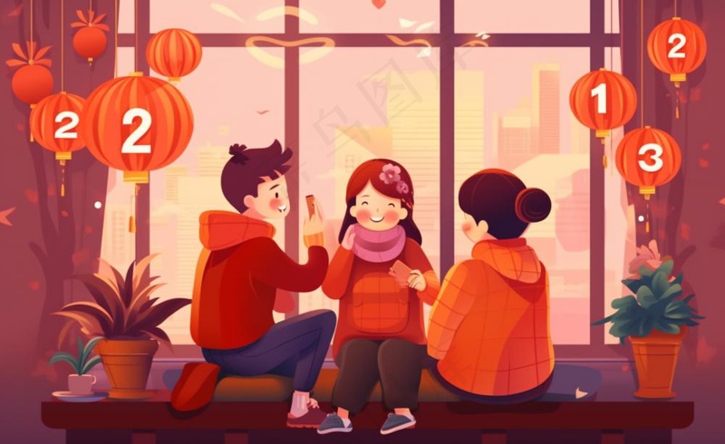 新年张灯结彩孩子们玩乐喜庆红色氛围庆祝卡通插画背景(1408x864)