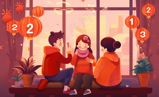 新年张灯结彩孩子们玩乐喜庆红色氛围庆祝卡通插画背景