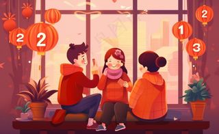 新年张灯结彩孩子们玩乐喜庆红色氛围庆祝卡通插画背景