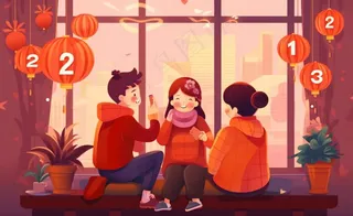 新年张灯结彩孩子们玩乐喜庆红色氛围庆祝卡通插画背景