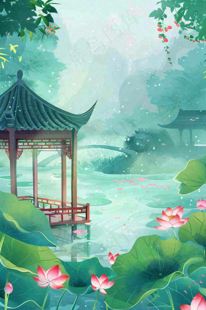 夏日江南苏式园林荷花池塘凉亭树荫阳光立夏夏至处暑插画背景