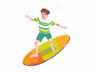 冲浪少年运动卡通人物插画免抠