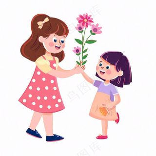 母亲节送花孩子给妈妈送花亲情人物卡通插画免抠