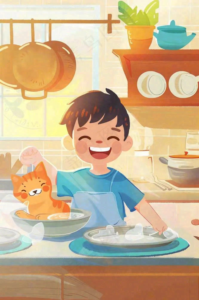 手绘五一劳动节假期学生做家务场景插画卡通劳动节儿童插画背景(896x1344)