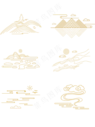 山水波浪祥云中式国风线条85免扣素材