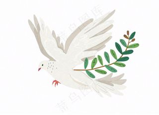 飞鸽携绿枝白鸽和平卡通插画免抠