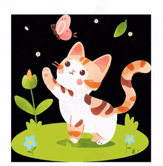 可爱的猫咪宠物草丛扑蝴蝶卡通插画免抠