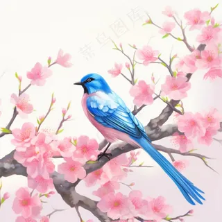 桃花樱花树枝上的蓝色小鸟插画背景