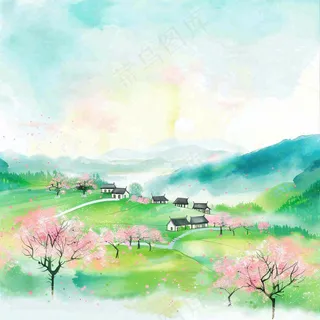 春天春分春暖花开江南山林桃花国画徽式建筑古风水墨插画背景